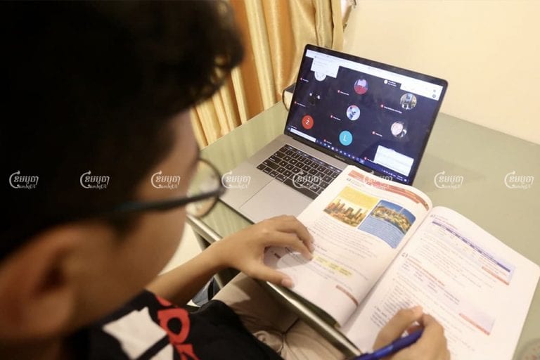A student in Phnom Penh studies using a video conferencing application, as schools continue to remain closed on account of a new COVID-19 cluster.