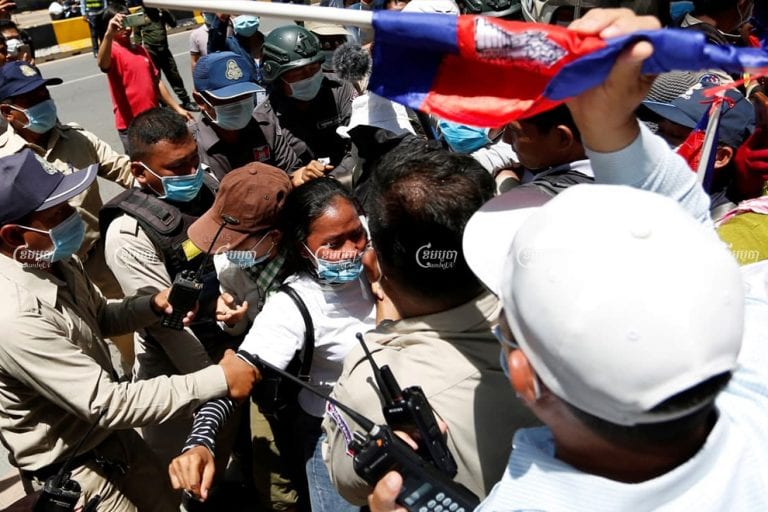 Security personnel block protests held by youth and environmental activists in Phnom Penh, following the arrest of unionist Rong Chhun. Panha Chhorpoan