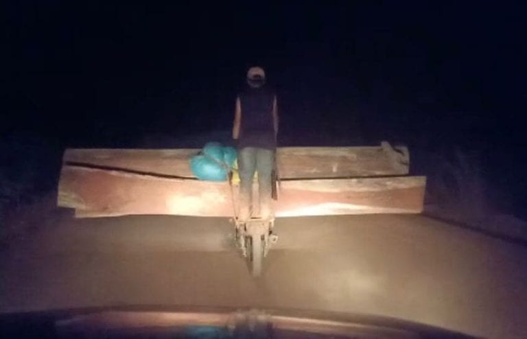A screenshot of a video provided by Kin Sary shows logs being transported in Kratie province on November 16.