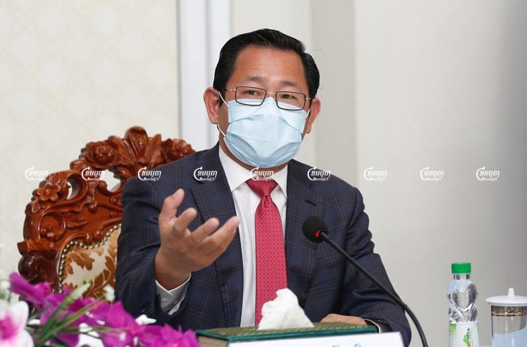 Minister of Justice Koeut Rith speaks during a press conference launching the law on COVID-19, March 15, 2021. CamboJA/ Panha Chhorpoan