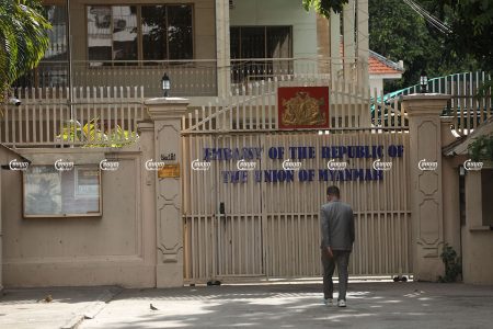 A man walks in font of the Myanmar Embassy in Phnom Penh, August 17, 2021. CamboJA/ Pring Samrang