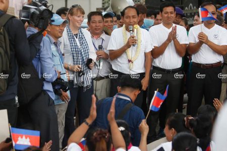 Ath Thorn, president of the Cambodian Labor Confederation speaks to workers during the Labor Day celebration in Phnom Penh, Picture taken on May 1, 2019. CamboJA/ Pring Samrang
