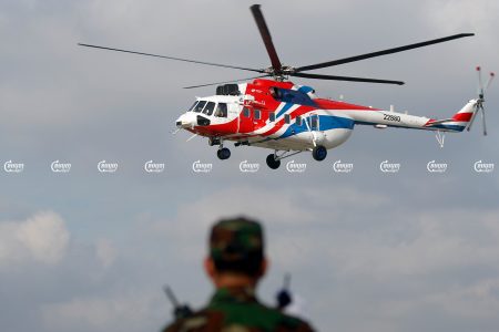 Russian helicopters are shown at the Cambodian Air Force base in Phnom Penh during an exhibition, Picture taken on November 20, 2018. CamboJA/ Pring Samrang