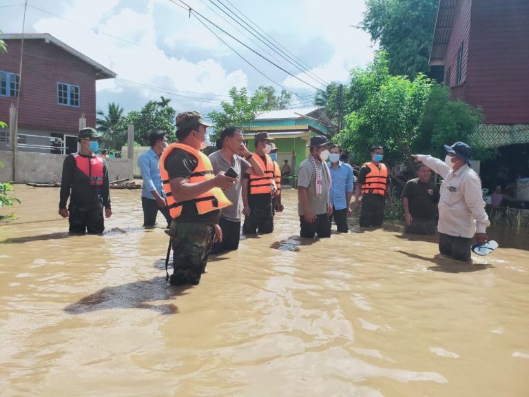 Authorities patrol a flooded area in Malai district in Banteay Meanchey province. Picture taken on September 1, 2021. Photo supplied.