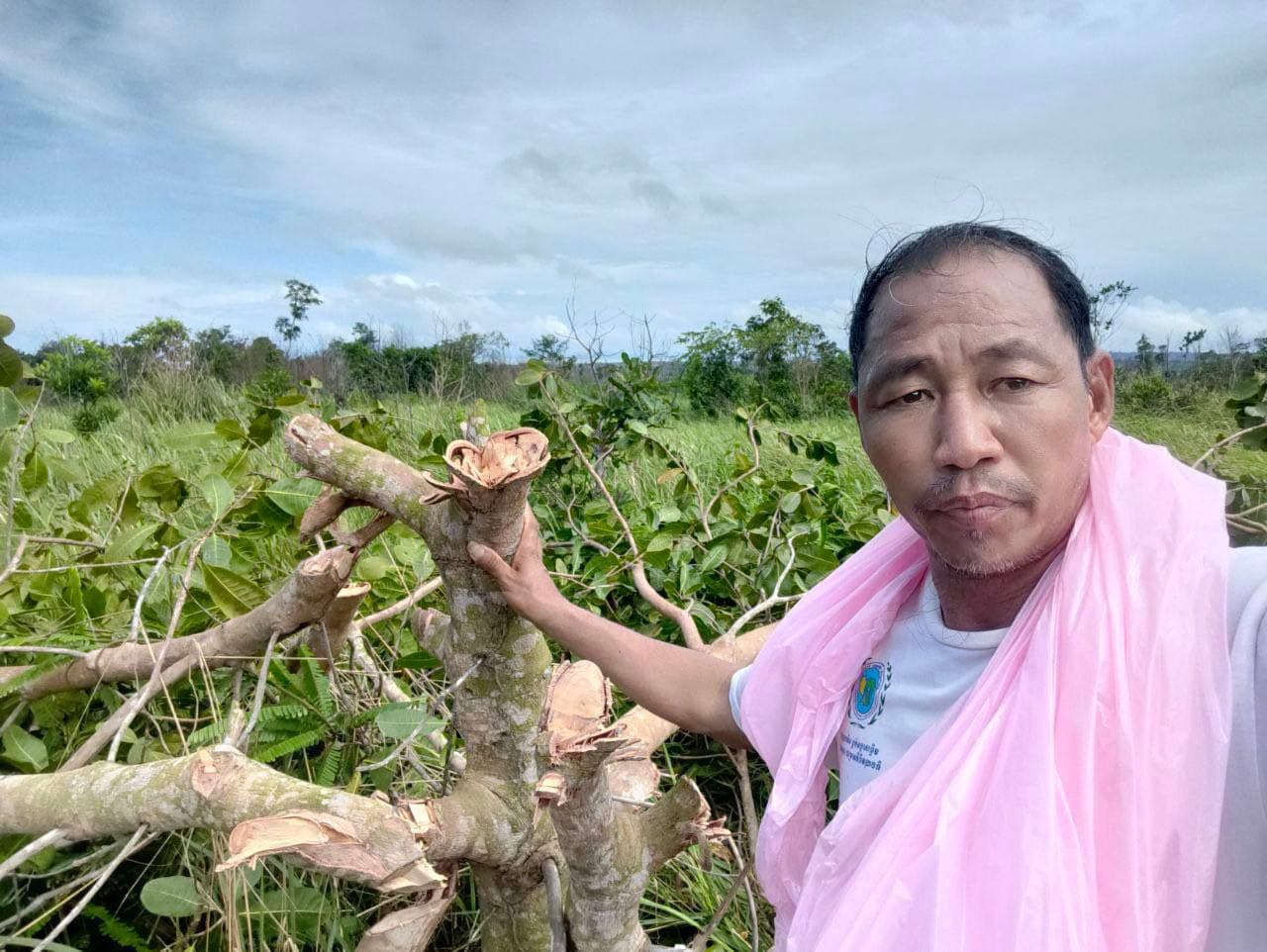 Digital news publisher Yuon Chhiv with the remains of his cashew orchard, which was razed by authorities in early September.