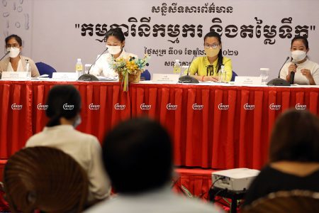 A garment worker speaks during a press conference about water prices for garment workers living at rental houses in Phnom Penh, October 1, 2021. CamboJA/ Pring Samrang