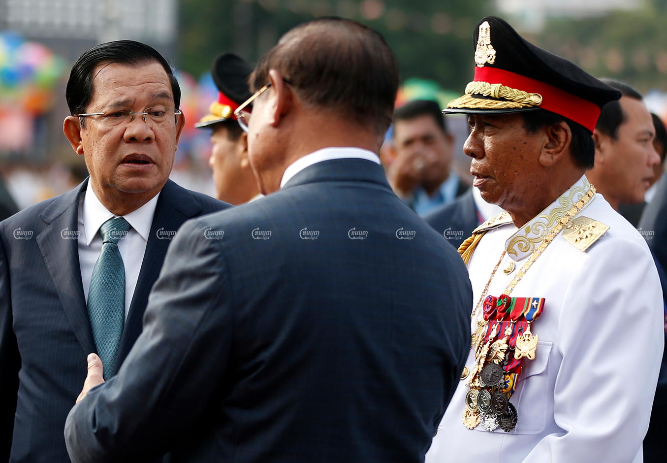 From left to right, Hun Sen, Sar Kheng and Tea Banh at an Independence Day ceremony in Phnom Penh, November 9, 2019. CamboJA/ Pring Samrang