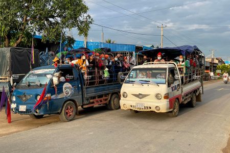Garment workers travel on a truck in Kampong Speu’s Kong Pisei district. Picture taken on October 2, 2021. Cambodia/ Pring Samrang
