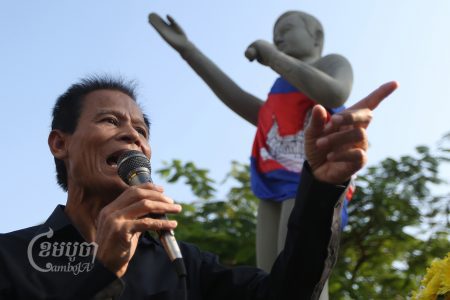 Chea Mony, younger brother of union leader Chea Vichea, speaks during a commemoration of the 18th anniversary of the assassination of Chea Vichea in Phnom Penh, January 22, 2022. CamboJA/ Pring Samrang