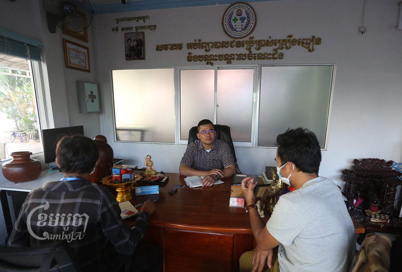 Hang Braser, vice president of the Drug Addict Relief Treatment Training Association speaks with CamboJA’s reporters in Phnom Penh, Picture taken February 4, 2022. CamboJA/ Pring Samrang
