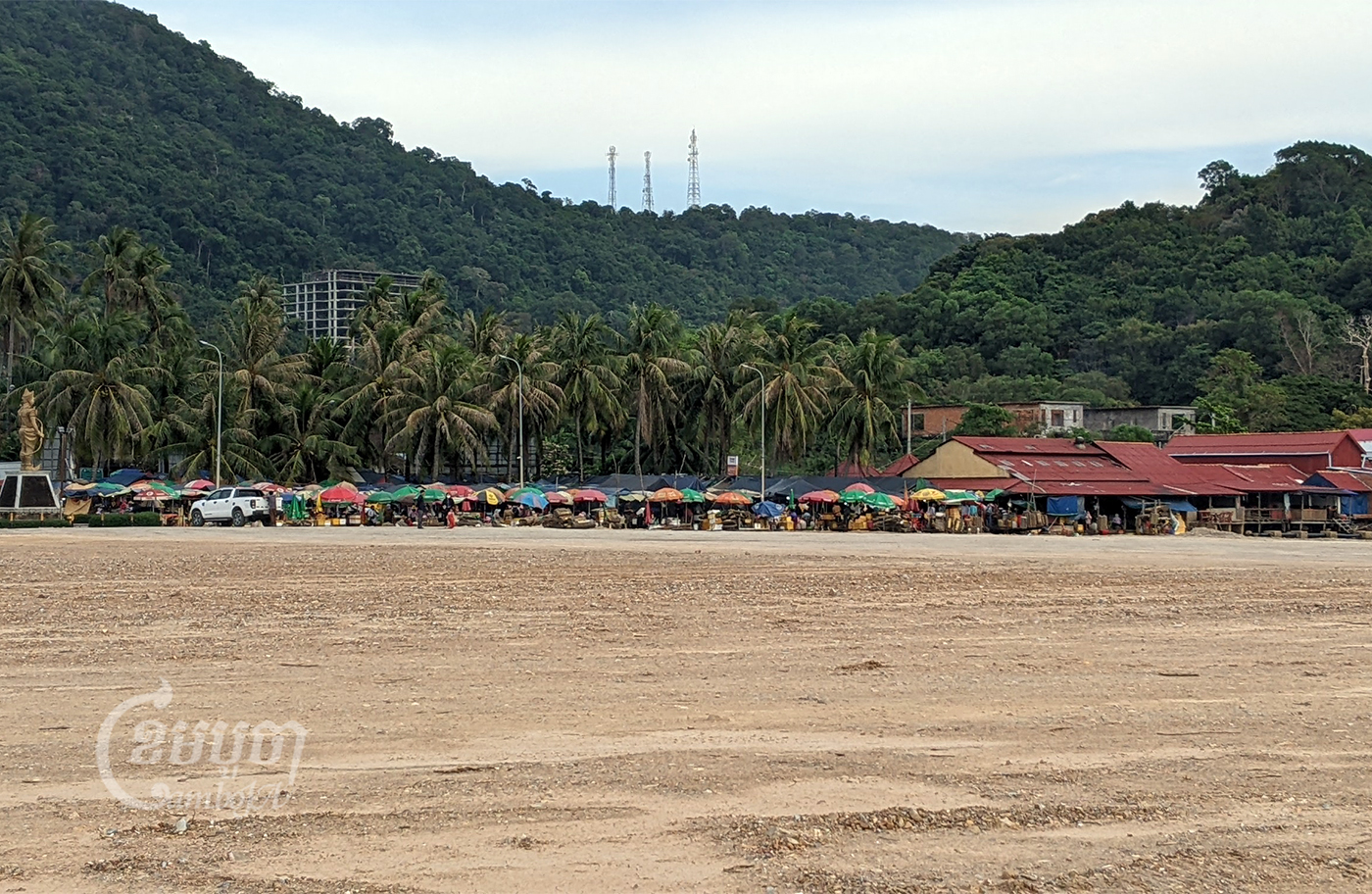 New sand dumped on the beach near Phsar Kdam, Kep City. Photo taken on February 26, 2022. CamboJA / Sovann Sreypich