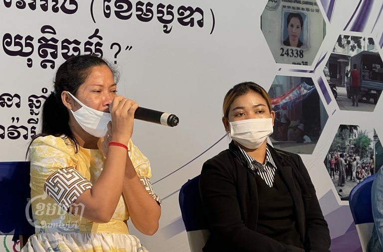 One of nine garment workers who were laid off without compensation speaks during a press conference on March 31, 2022. CamboJA/ Sorn Sarath