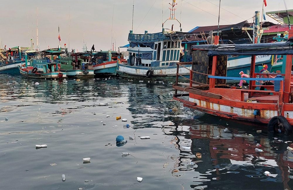 Plastic waste floating on the sea around Koh Sdech island, in the Kiri Sakor district of Koh Kong province. Picture: Keat Soriththeavy