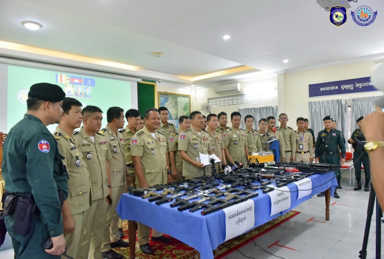Preah Sihanouk provincial police held a press conference in June 2022 after seizing a cache of illegal weapons. A photo posted on the National Police website.