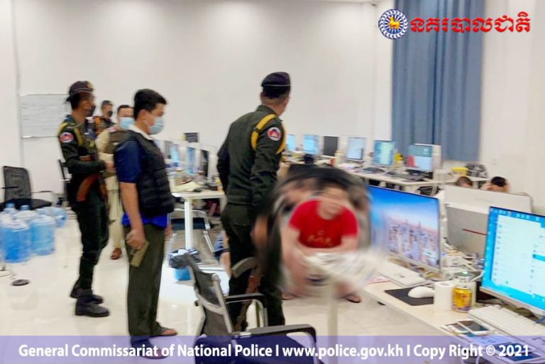 Cambodian authorities arrest a group of Chinese nationals allegedly involved in online scams and kidnapping in Preah Sihanouk province, September 2021. National Police’s Facebook.