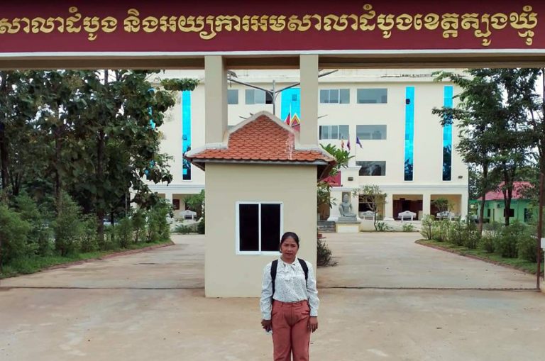 Sok Sreynoun a second commune chief of Preah Theat commune for Candlelight Party faces Tboung Khmum provincial court for questioning over a defamation suit by the ruling CPP officials, September 5, 2022. Supplied.