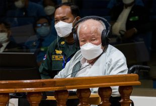 Khieu Samphan, the last living leader of the Khmer Rouge regime who was convicted by the Khmer Rouge tribunal, listens to the verdict in his final appeal hearing on September 22, 2022. ECCC
