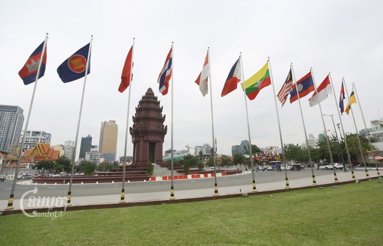 Flags of Cambodia, Asean and other countries are seen near Independence Monument in central Phnom Penh on November 4, 2022. CamboJA/Pring Samrang