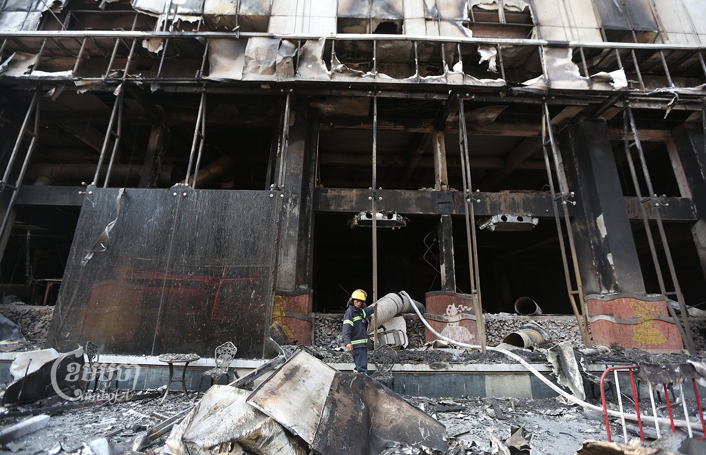 The aftermath of the fire at Grand Diamond City hotel and casino, where at least 27 people died, on December 29, 2022. (CamboJA/ Pring Samrang)