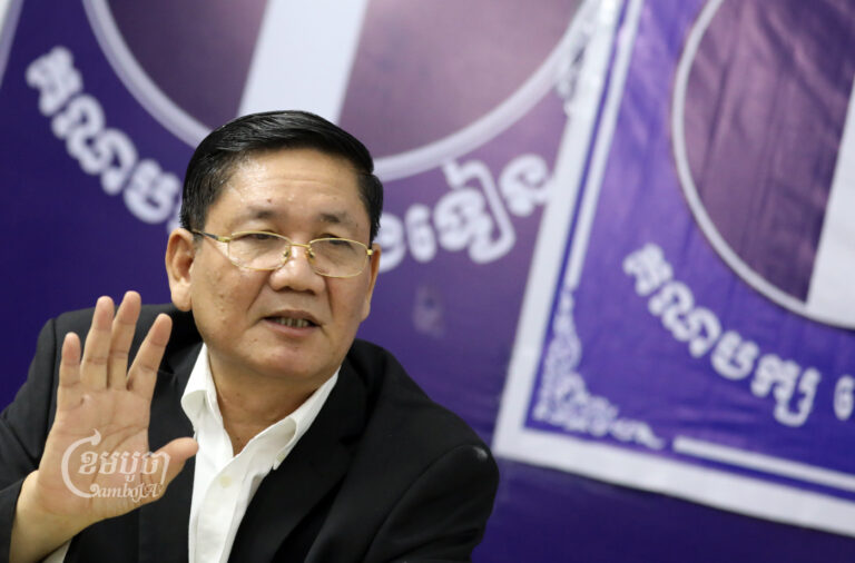 Candlelight Party Vice President Thach Setha speaks at the party’s office in Phnom Penh on April 4, 2022, before he was arrested. (CamboJA/Pring Samrang)