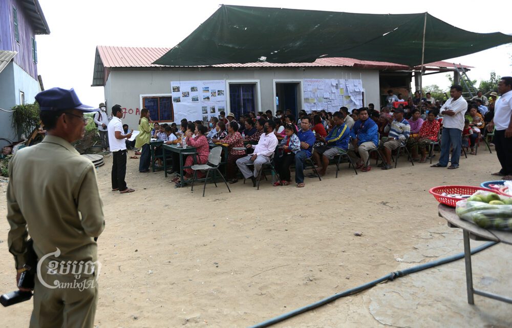 Villagers living along the 94 canal in Kandok commune, Kandal province gather to hold a conference at their community to express fears of eviction linked to plans for a new airport, on February 7, 2023. (CamboJA/Pring Samrang)