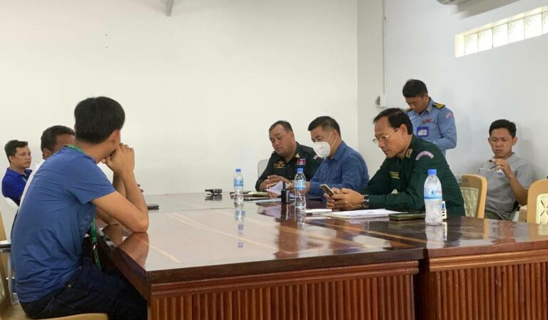 CCFC president Theng Savoeun and his colleagues are questioned by Kratie provincial police on May 17, 2023. (Supplied)