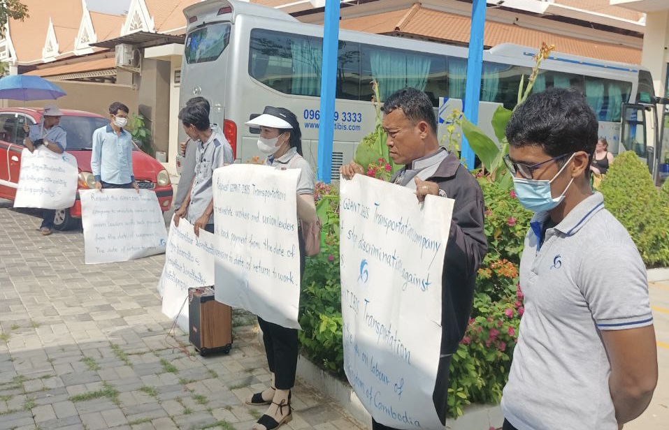 Laid off Giant Ibis Transport bus drivers protest on May 7 in front of the company’s headquarters in Phnom Penh, seeking compensation for legally owed wages. (Supplied)