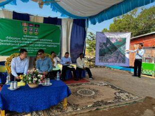 A Ministry of Mines and Energy Cambodia meeting announcing a new sand dredging license in Stung Treng province in March. (Ministry of Mines and Energy Facebook page)