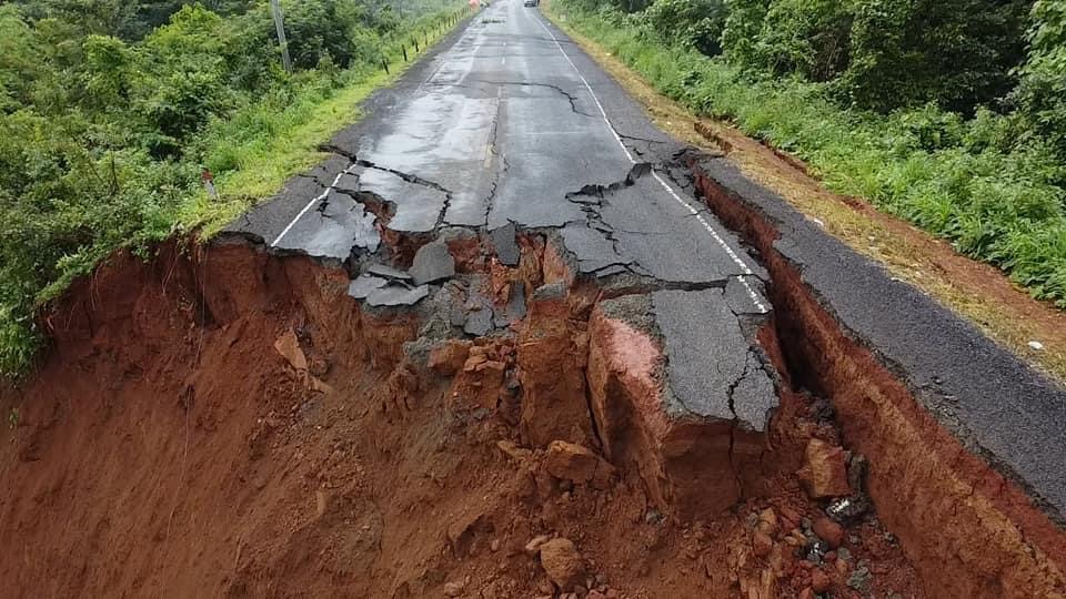Heavy rain damaged road number 76A in Mondulkiri province’s O’Reang district, seen here in a photo posted by the Mondulkiri Provincial Administration's Facebook on August 2, 2023. (Mondulkiri Provincial Administration Facebook)