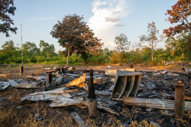 After the burning of the Environment Ministry station, a filing cabinet and bent pieces of corrugated sheet metal were left at the scene. (CamboJA/Andrew Califf)