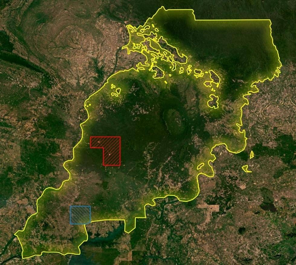 The newly expanded boundaries (in yellow) of the Veun Sai-Siem Pang National Park in Stung Treng and Ratanakiri provinces. Satellite image by Planet Basemaps from May 2023. (Licadho)