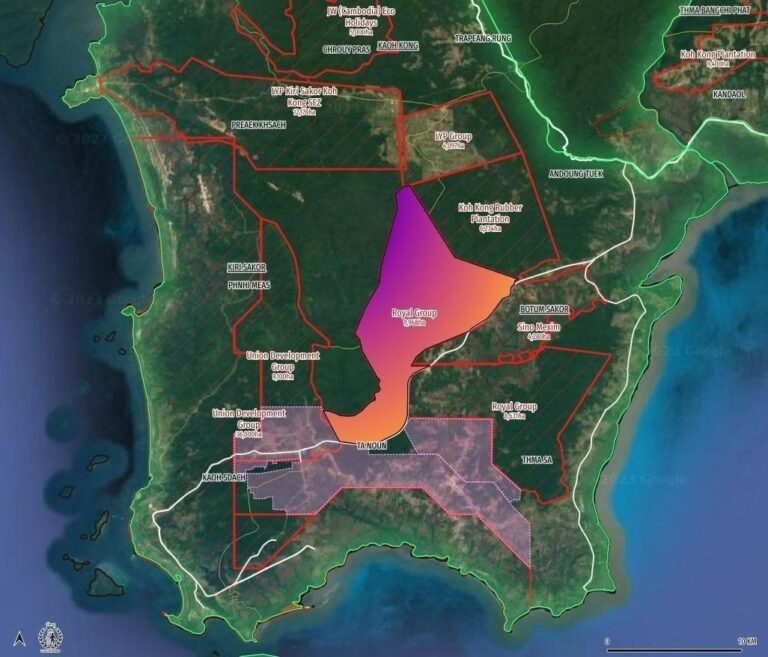 The 9,968 hectare concession granted in January to Royal Group in Botum Sakor National Park, alongside prior concessions. (Licadho)