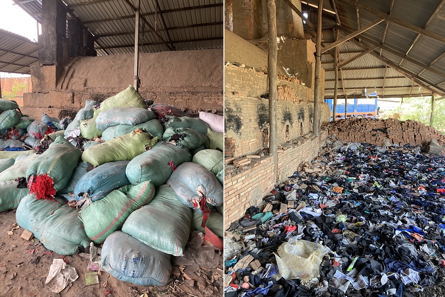 Garment waste piled outside kilns at two brick factories in May 2023. (Supplied by Licadho)