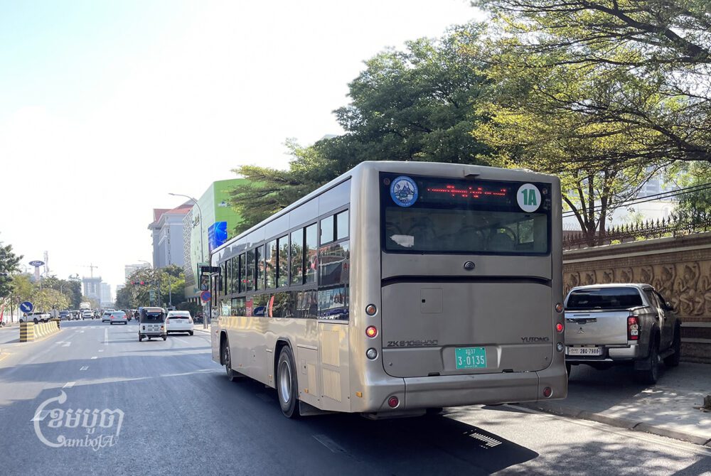 A City Bus drives along a street in Phnom Penh on January 12, 2024. (CamboJA/ Pring Samrang)