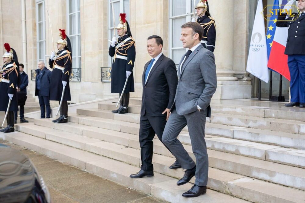 Cambodian Prime Minister Hun Manet meets with French President Emmanuel Macron in Paris, France on January 16, 2024. (Hun Manet’s Facebook)