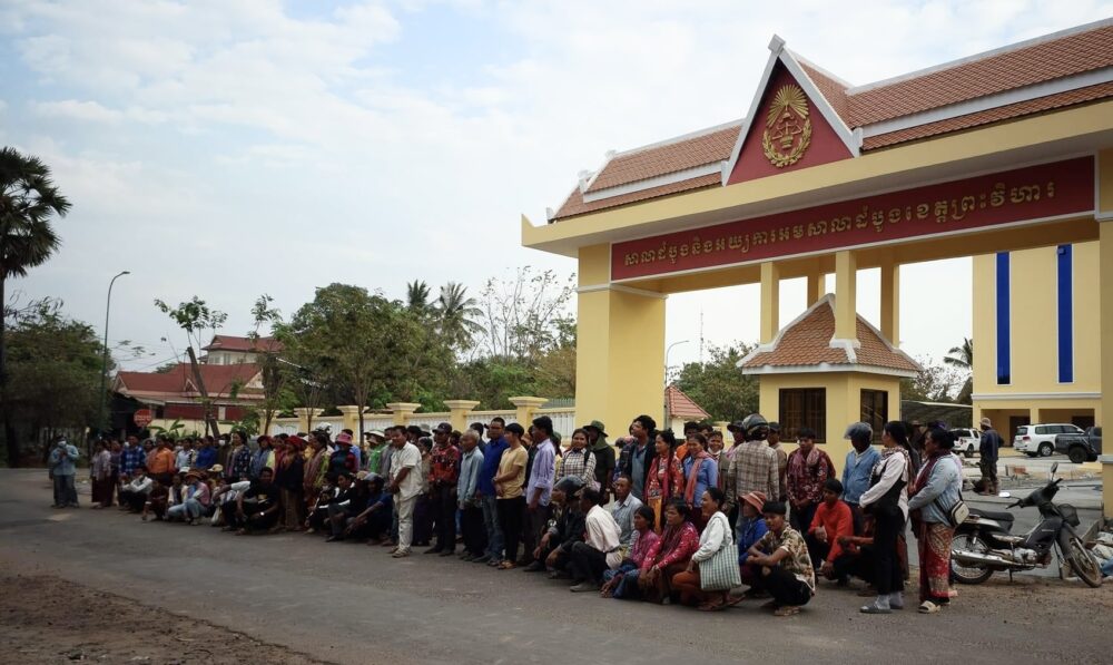Kuy indigenous residents gather at Preah Vihear Provincial Court while four community representatives were questioned on February 27, 2024. (Supplied)