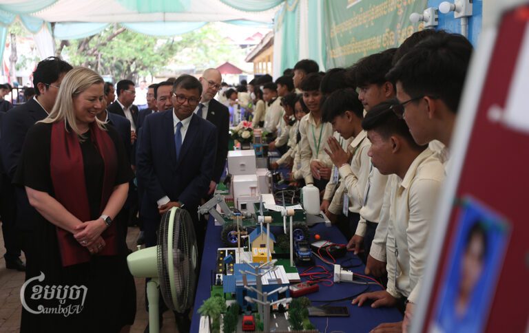 European Commissioner for International Partnerships Jutta Urpilainen and Education Minister Hang Chuon Naron visit Chumpou Voan General and Technical High School in Phnom Penh on March 12, 2024. (CamboJA/ Pring Samrang)