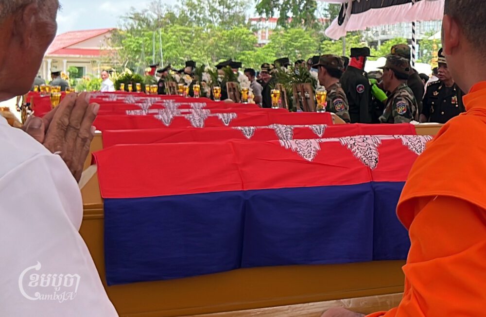 Officials and families held a funeral for the 20 soldiers killed in an explosion at Region 3 military base of Kampong Speu province’s Chbar Mon city on April 28, 2024. (CamboJA/Sovann Sreypich)
