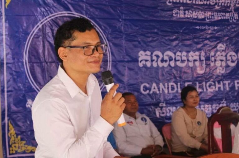 Phou Sovantha talks at a meeting with his party members in Battambang province on August 27, 2023.