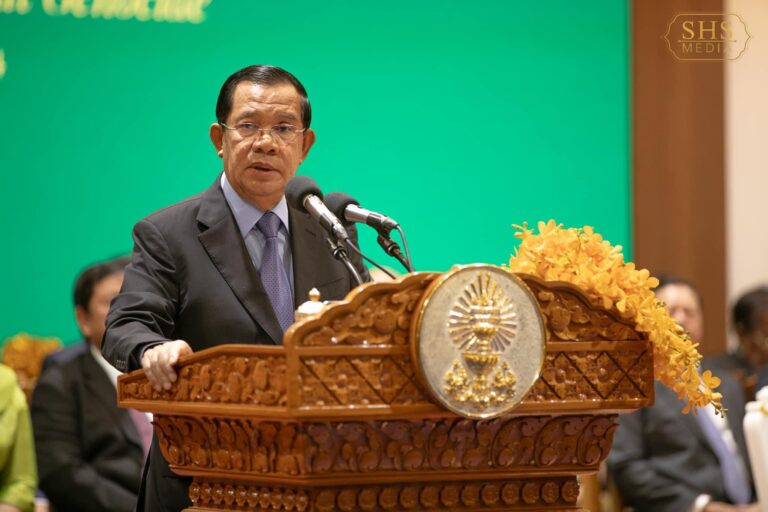 Senate President Hun Sen speaking at the Future of Cambodia Without Genocide conference on May 22, 2024. (Hun Sen’s Facebook)