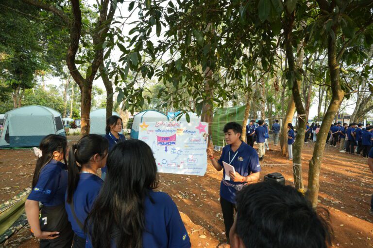 Youths present a topic on their role in reducing corruption at the 14th Youth Camp of Transparency International Cambodia in Mondulkiri province, February 2024. (TIC)