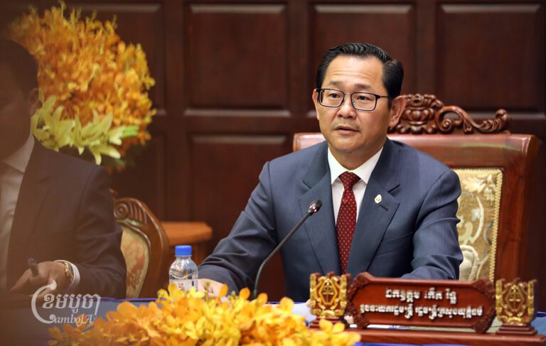 Deputy Prime Minister and Minister of Justice Koeut Rith speaks during a press conference in Phnom Penh regarding murder suspect Srey Sina’s charge, June 26, 2024. (CamboJA/Pring Samrang)