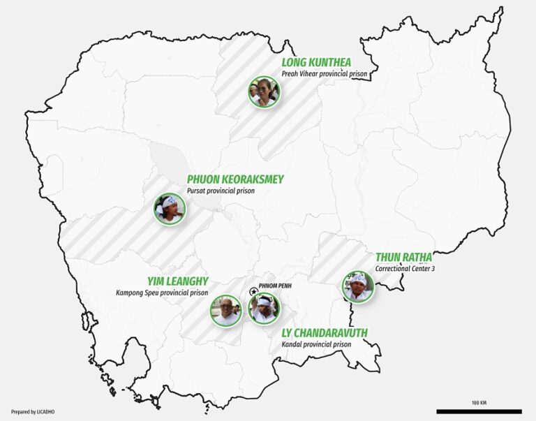 A map showing the prison locations of five Mother Nature activists. (Licadho)