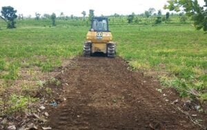 A bulldozer clears cassava plants on land villagers say was illegally taken by a company in Stung Treng’s O’Svay commune on July 1, 2025. (Supplied)