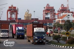 Container trucks exiting the Sihanoukville Port in Sihanouk province, Picture taken on January 29, 2025. (CamboJA/Pring Samrang)