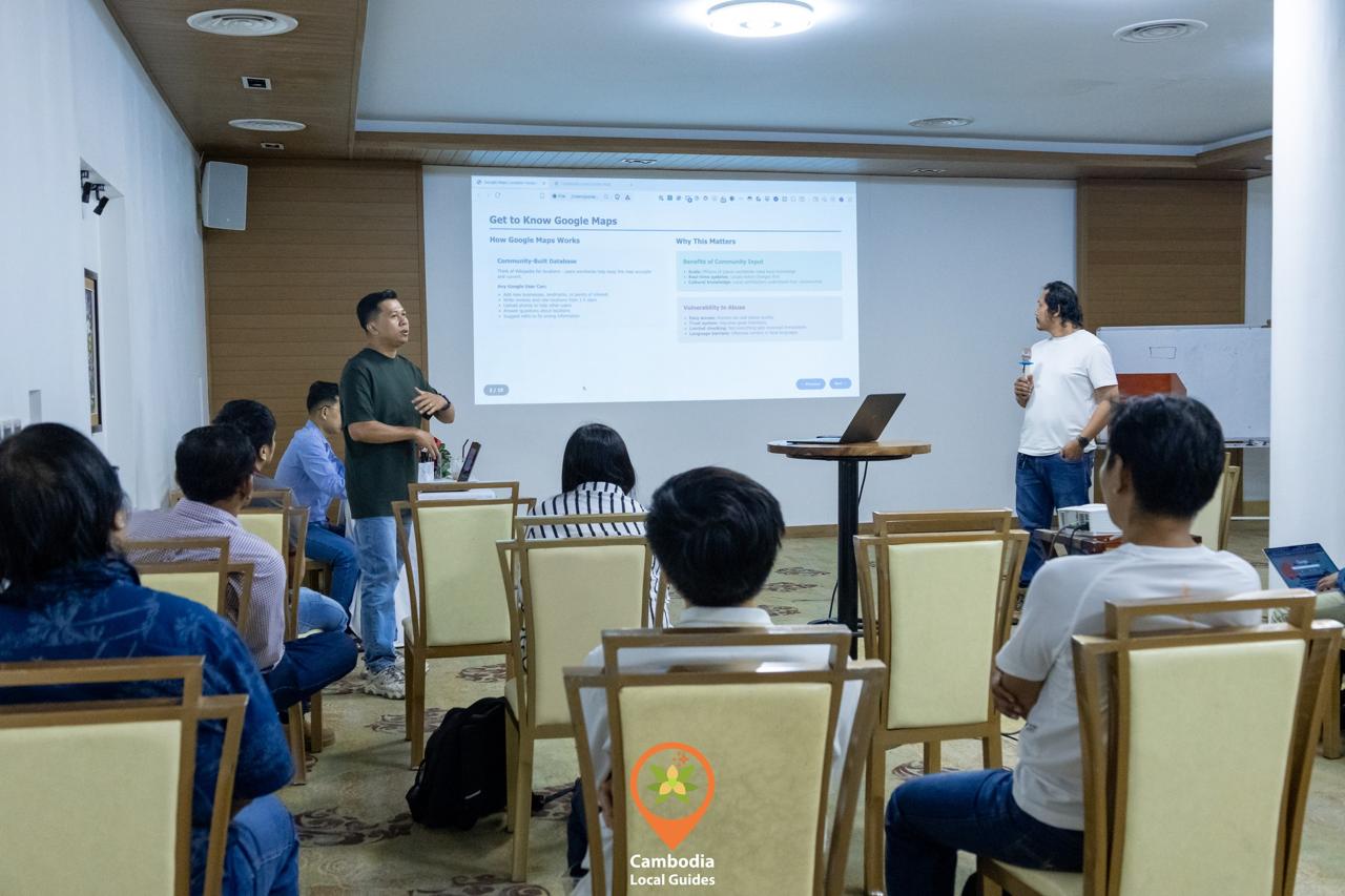 Ngeth Moses, a digital security consultant, and Chy Sophat, a digital security expert and member of the Local Guides community, present an investigative report on manipulated Google Maps locations in Cambodia. August 6, 2025. (Chy Sophat’s Facebook page)