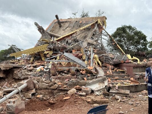 The roundabout and Ta Ung statue at An Ses area were destroyed by Thai military during Cambodia-Thailand border clash between July 24 to 28. Photo taken July 30, 2025. (Supplied by Sun Narin)