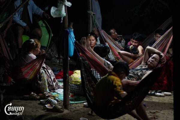 Prey Chan villagers who were evicted by Thai force on August 13 could not sleep in their tent in Prey Chan village because of the loud eerie sounds played by the Thai side at night on October 12, 2025. (CamboJA/ Yarn Soveit)